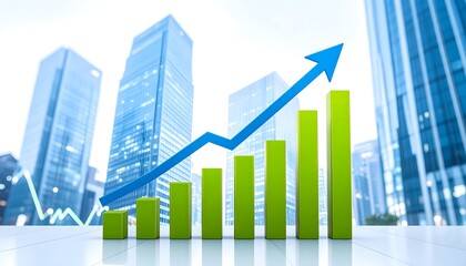 A graphic representation of rising financial performance against a backdrop of modern city structures.