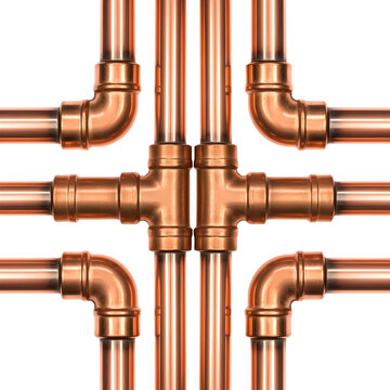 Copper pipes and fittings form a symmetrical grid on white or transparent background