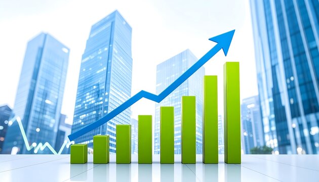 A graphic representation of rising financial performance against a backdrop of modern city structures.