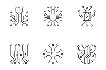 Set of Different Computer Microchip Circuit Board Icons for Tech Industry Innovation and Futuristic Designs on White Background