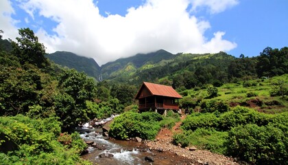Mountain cabin nestled by a stream