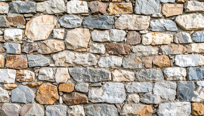 Fototapeta premium A detailed close-up view of a rustic stone wall, exhibiting a variety of shades of gray, beige, and brown.