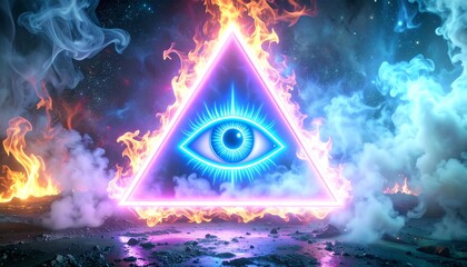 A vibrant, glowing triangle shape of the all-seeing eye, framed by flames and ethereal smoke, in a mystical cosmic scene.