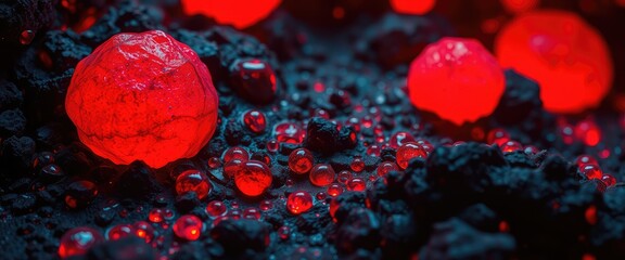 Fototapeta premium Vibrant glowing red droplets and amorphous shapes on dark textured surface creating abstract energy
