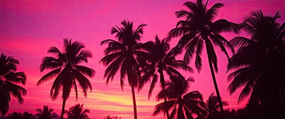 Vibrant pink sunset over silhouetted palm trees creates a tropical paradise escape