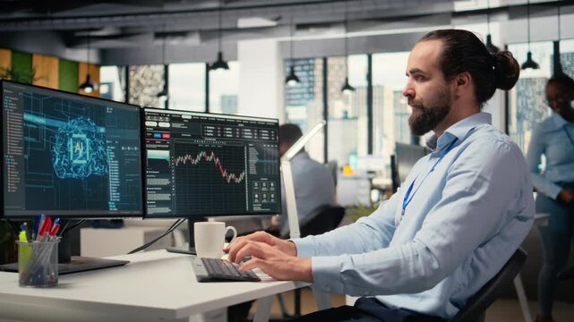 Brokerage company worker using AI LLM chatbot to evaluate assets, allocate capital and generate investment reports. Day trader using machine learning to assess stock market volatility, camera A