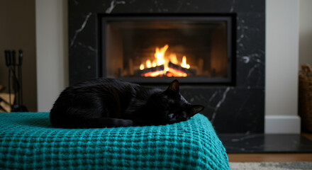 Fototapeta premium A cat sleeping peacefully on a knitted blanket near a fireplace, creating a scene of calm and comfort.