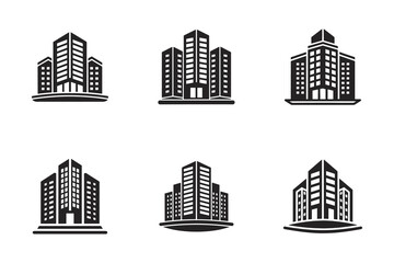 Set of Six Modern Office Building Silhouettes for Business and Real Estate Needs with Clean Design Aesthetics