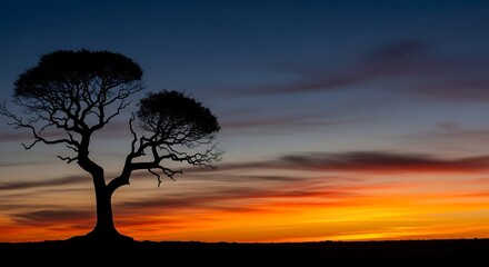 Silhouette of a tree at sunset against a vibrant, colorful sky.