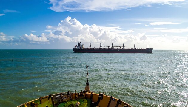 A large cargo ship sails across a vast expanse of ocean under a partly cloudy sky.