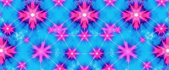 Vibrant pink starbursts burst across a textured turquoise background in this dynamic abstract pattern.