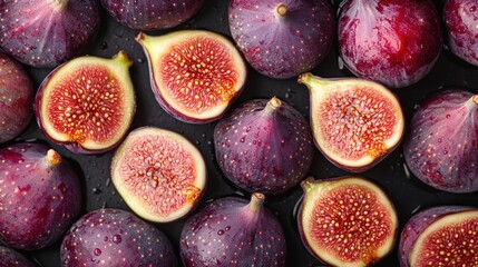 Fresh Purple Figs Whole and Halved on Black Surface