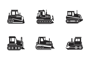 Six Different Black and White Bulldozer Illustrations in a Grid Heavy Equipment Construction Vehicles and Earth Moving Machinery
