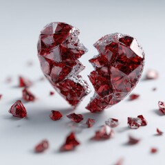 A fractured heart, sculpted from red gems, lies amidst shards on a light background