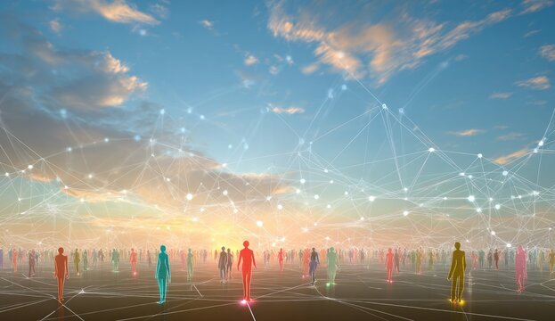 Crowd walking, connected by lines, sunrise