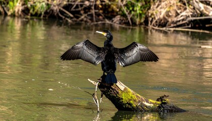 Dark bird with outstretched wings perched on a log.