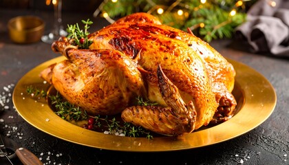 A golden platter holds a roasted festive bird, seasoned and glistening, perfect for a holiday meal.