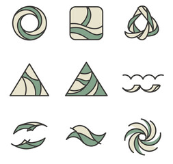 Obraz premium A collection of nine abstract geometric designs with flowing lines and a muted green and beige color palette, presented as vector icons.