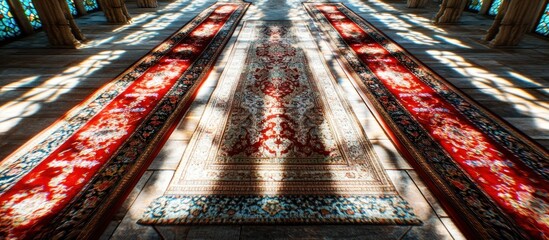 Ornate carpets in a cathedral-like hall with stained glass light