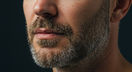 Close-up of a man with a trimmed beard, AI retouch applied only to adjust lighting, leaving wrinkles and expression lines visible
