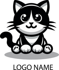 Cartoon cat black and white logo icon vector white background .