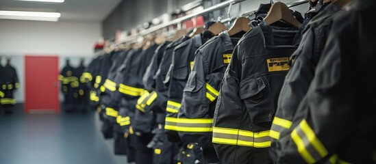 Fototapeta premium Firefighter gear hanging in station, safety equipment