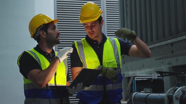 Industrial engineer teamwork maintenance pipeline valves air HVAC cooling systems at construction site. Male technician in safety uniform inspect building exterior pipeline valves or plumbing systems.