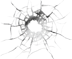Shattered glass, radial cracks, bullet hole