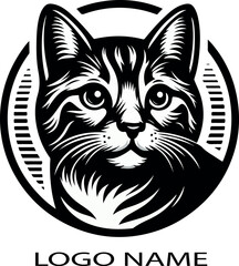 Cartoon cat black and white logo icon vector white background .