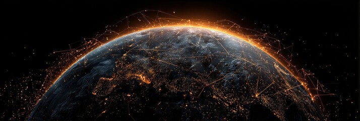 A breathtaking view of the Earth's horizon from space showing the curvature, atmosphere glow, and city lights illuminating the dark below