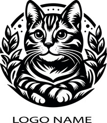 Cartoon cat black and white logo icon vector white background .