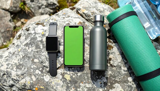 Fitness equipment sits on a rock outdoors, including a smart watch, phone with green screen, water bottle, and yoga mat, promoting a healthy lifestyle.