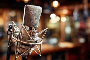 Close-up of a vintage microphone in a recording studio with blurred lights in the background