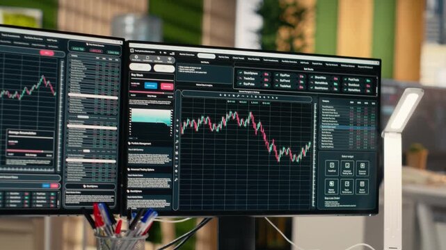 Trading software in proprietary firm office with candlestick graphs on PC screens. Desktop computers on desk used by financial experts tracking stock market activity using analytical tools