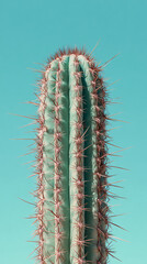 A tall cactus stands against a bright blue sky, showcasing its unique structure and sharp spines, embodying the beauty of arid landscapes.