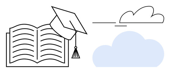 Open book with graduation cap symbolizing learning and achievement, alongside abstract cloud shapes for knowledge expansion. Ideal for education, e-learning, research, goals, innovation, progress