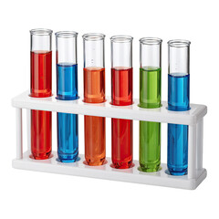 Clear plastic test tubes filled with colored liquids, arranged in a white plastic rack