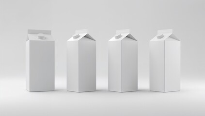 Four blank white rectangular carton packages standing upright on a seamless white studio background