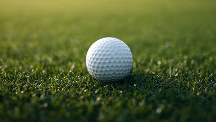 Obraz premium White golf ball resting on green golf course grass with morning dew