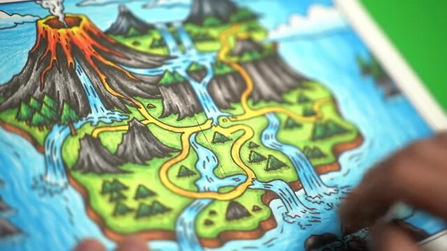 Colorful hand-drawn map of a fantastical island, featuring a volcano, waterfalls, and winding pathways.