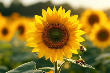 Obraz premium Close-Up of Vibrant Sunflowers with Bees in Summer Bloom