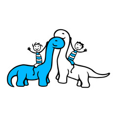 Obraz premium 2 Brachiosaurus Team Long Neck Rider Riding Boy Girl Dinosaur Friends