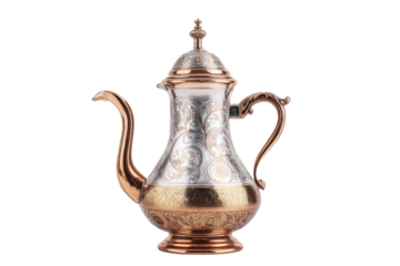 Ornate copper-colored teapot with a lid and handle, featuring intricate, decorative, swirling patterns in gold and white