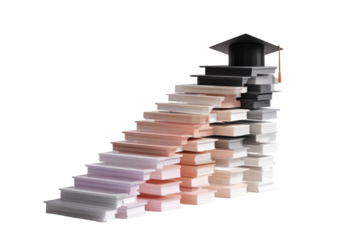 Stacked books forming a staircase, topped with a graduation cap.  Colorful books progress upward, symbolizing academic journey