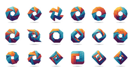 Vibrant collection of abstract geometric logo templates featuring circular and square shapes with colorful gradients and a modern faceted design.