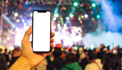 Hand holding smartphone with blank screen at crowded concert, capturing the vibrant atmosphere and energy of the live music event at night.