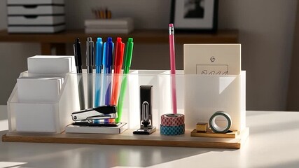 Organized Desk: Pens, Staplers, Tape, and Notes in Holder - Powered by Adobe