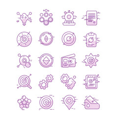Obraz premium A modern collection of purple thin line icons representing concepts in business, technology, finance, and strategy.