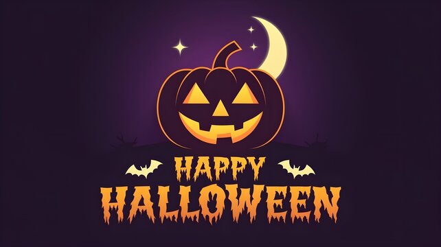 Happy Halloween text with pumpkin silhouette, crescent moon, and bats on purple background