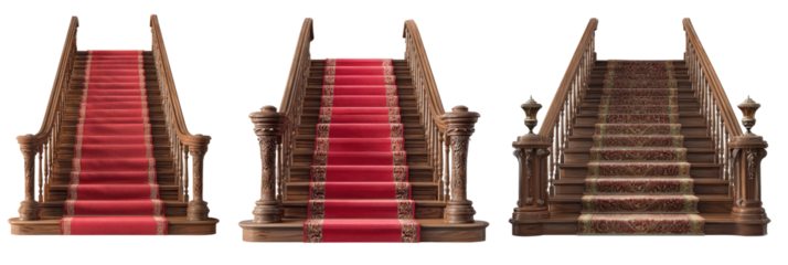 Three elegant wooden staircases, each with a deep crimson carpet runner